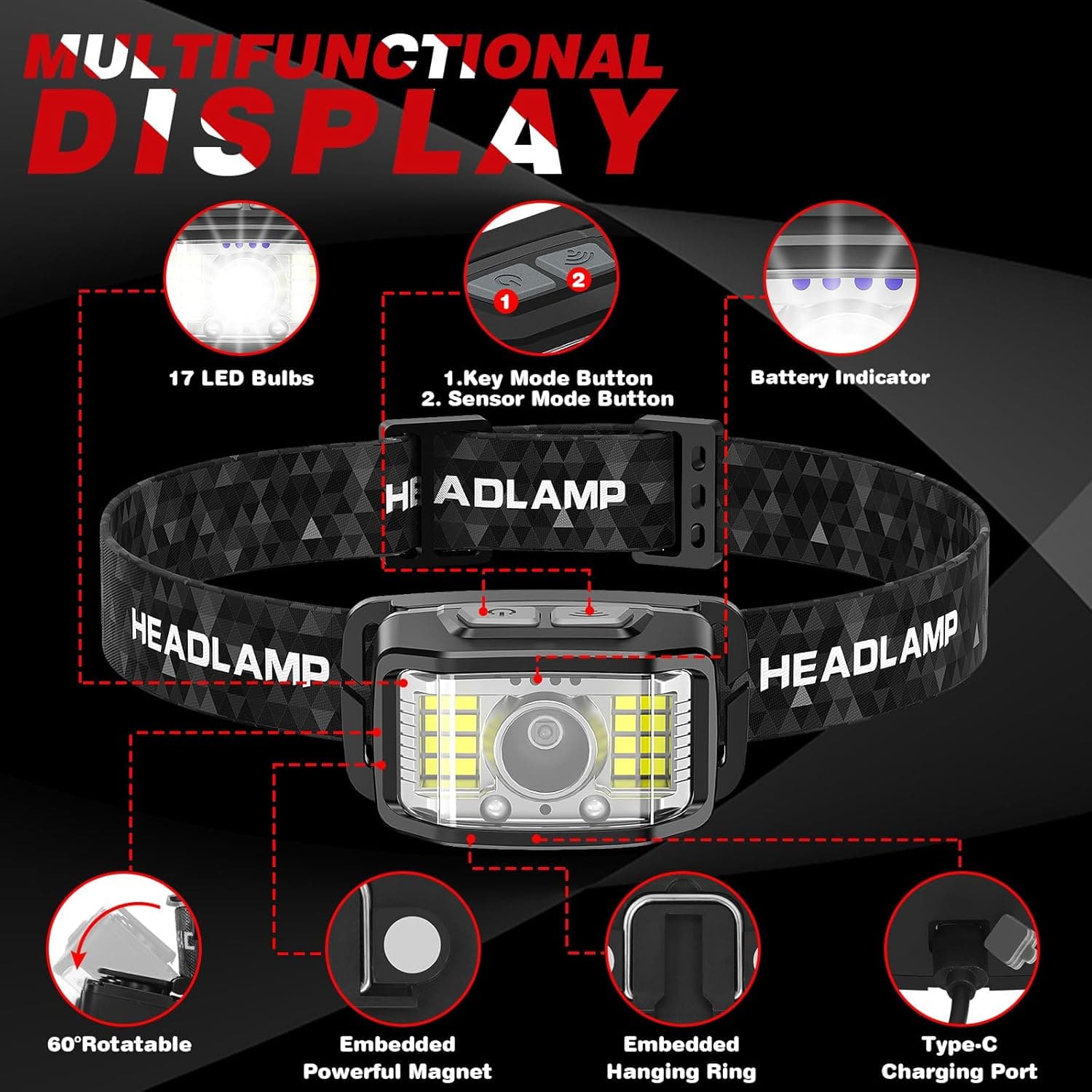 KIDECCE Rechargeable Headlamp - 2000 Lumens, 16 Modes, Waterproof (2 Pack) - image 2