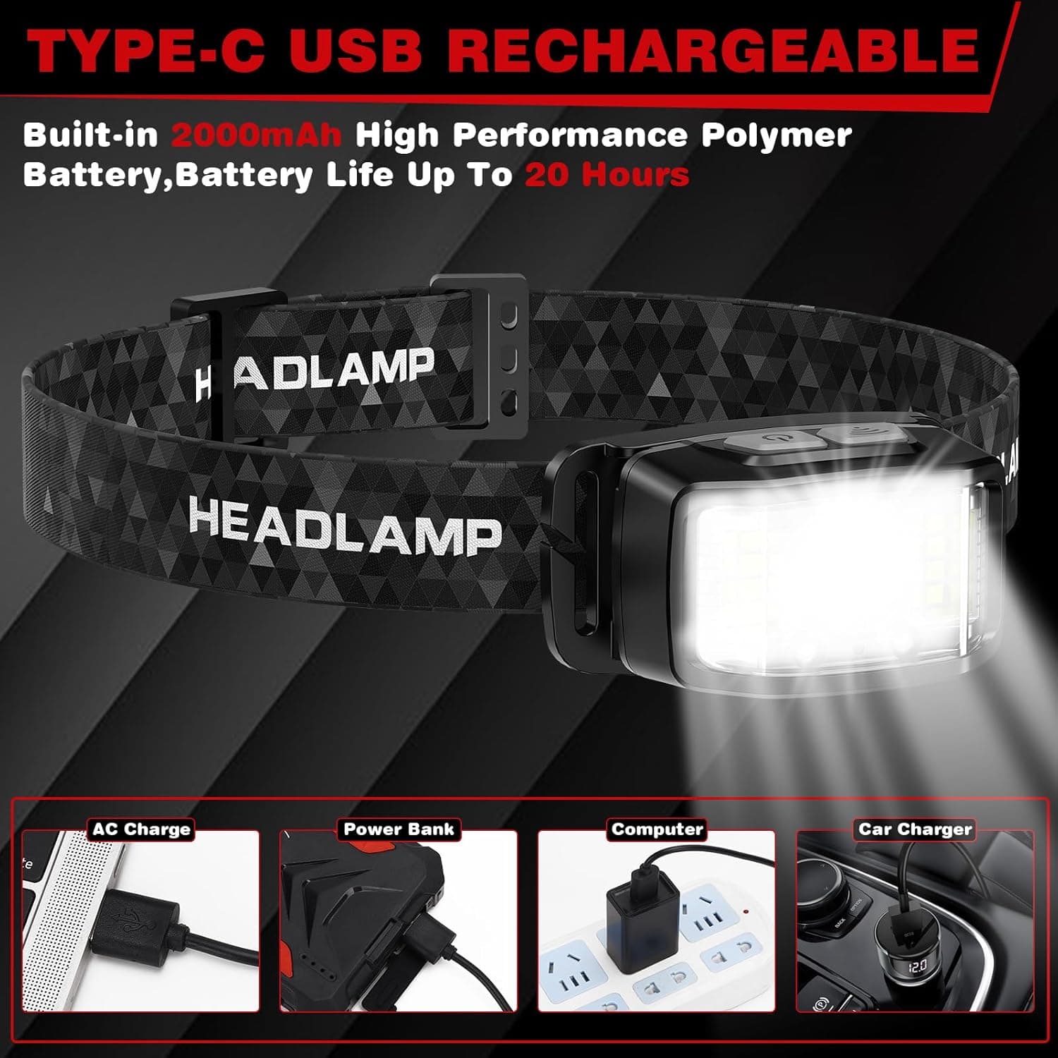 KIDECCE Rechargeable Headlamp - 2000 Lumens, 16 Modes, Waterproof (2 Pack) - image 5