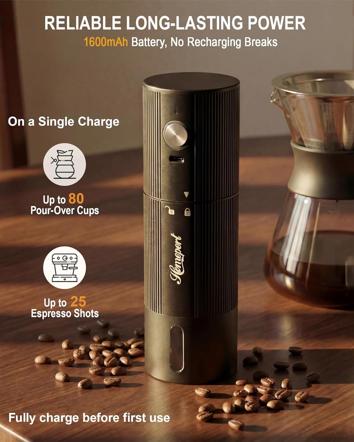 Portable Electric Coffee Grinder with Rechargeable Battery & Precision Settings