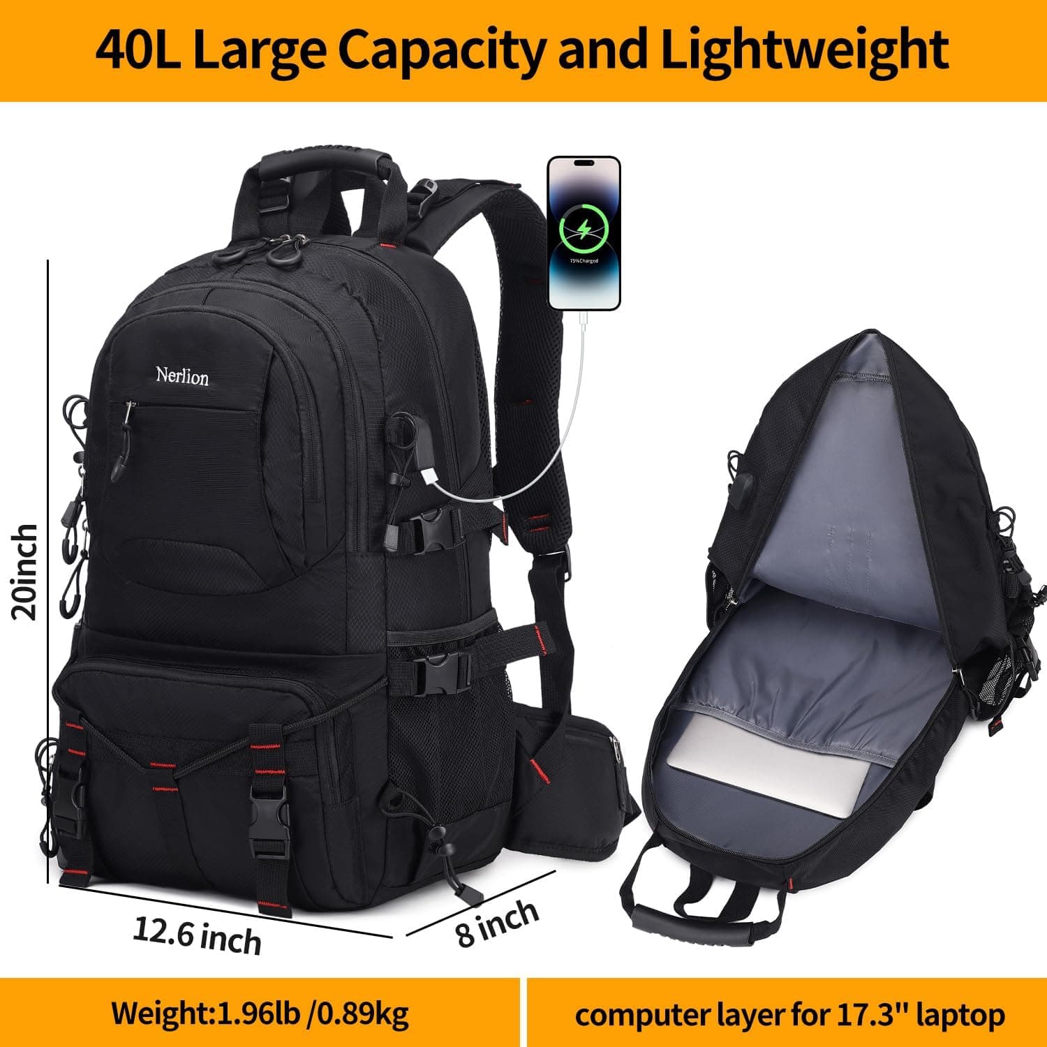Nerlion 40L Lightweight Waterproof Hiking Backpack - image 5